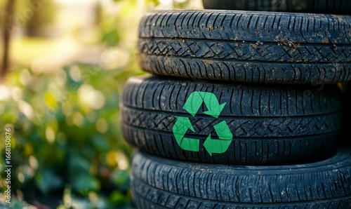 stack of car tires featuring a bright green recycling symbol, illustrating the concept of renewable rubber and the importance of proper tire disposal and recycling in sustainable, Generative AI
