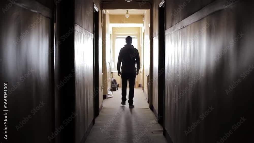 Lonely Figure Walks Empty, Abandoned Hallway Lonely Figure Walks Empty, Abandoned Hallway