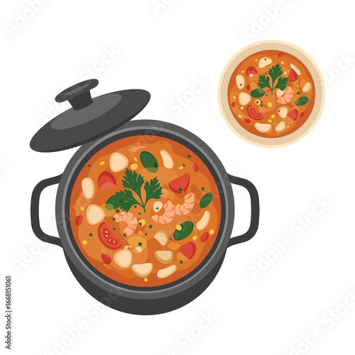 A pot of tomato soup with shrimp and vegetables
