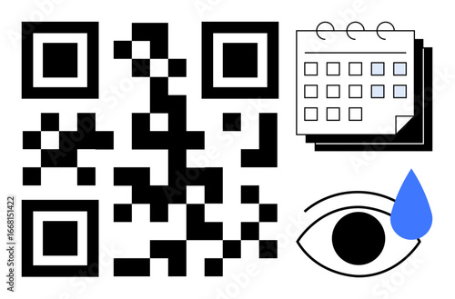 QR code next to a stacked calendar and an eye with a blue droplet. Ideal for technology, scheduling, scanning, data access, awareness, vision care, and planning. Simple flat metaphor