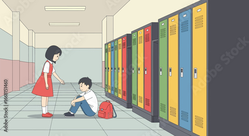 School Scene with Girl Helping Sad Boy by Lockers