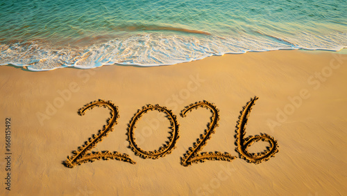 2026 New Year Beach Scene:  Ocean Wave, Sand, Handwritten Numbers, Tropical Vacation, Holiday Concept