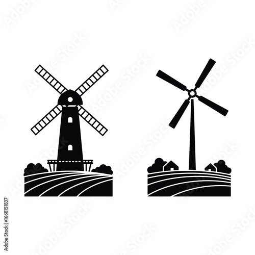 Black and white windmills on a rural landscape