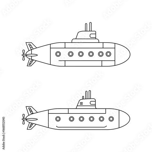 Line drawings of submarines with propellers and conning towers