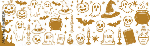 Intricate spooky night icon pattern on a dark background featuring pumpkins, ghosts, skulls, bats, witches hats, cauldrons, candles, tombstones, spell books and eerie magic symbols