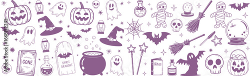Whimsical Halloween doodle pattern featuring pumpkins, witches hats, cauldrons, broomsticks, ghosts, skeletons, skulls, bats, webs, moons, stars and magical bottles in a collage.