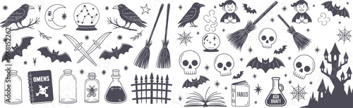 Intricate Halloween night doodle collage filled with bats skulls potions brooms cauldrons pumpkins witches hats castles books cages stars moons and eerie symbols creating a fantasy
