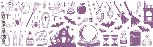 Enchanting Halloween Night Scene: A Witch with Hat and Broom Amid Crystals, Cauldron, Pumpkins, Bats, Moonlit Orbs, Graves, Spellbooks, Lanterns, and Enchanted Artifacts