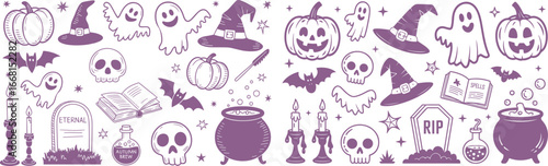 Moonlit, whimsical pattern with pumpkins, ghosts, skulls, skeletons, witches hats, cauldrons, wands, spellbooks, bats, tombstones, bones, potions, and symbols on a purple nightscape.