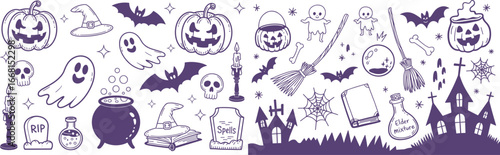 A festive Halloween border illustration featuring pumpkins, ghosts, bats, witches, spellbook, cauldron, wand, broom, skulls, cobwebs, and a castle scene along a spooky night sky.