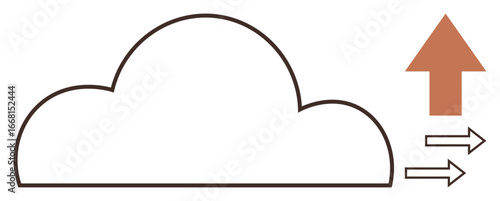 Cloud outline with upward arrow and directional arrows suggests data backup, file sharing, internet access. Ideal for technology, innovation, storage, network, cloud hosting, data transfer simple