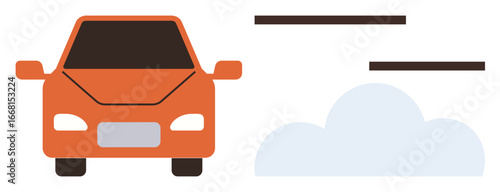 Orange car front with cloud and horizontal lines conveying motion, speed, or eco-conscious transport themes. Ideal for mobility, environment, future, travel, innovation, speed sustainability as