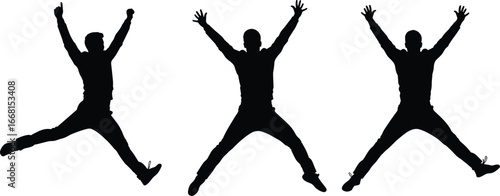 Silhouettes of three people jumping joyfully in different dynamic poses, isolated on white background, expressing energy, freedom, celebration, and happiness.
