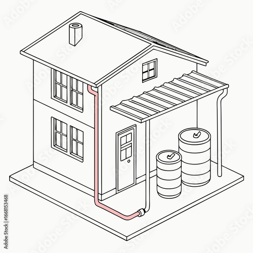Rainwater harvesting system with house and storage tanks illustration  