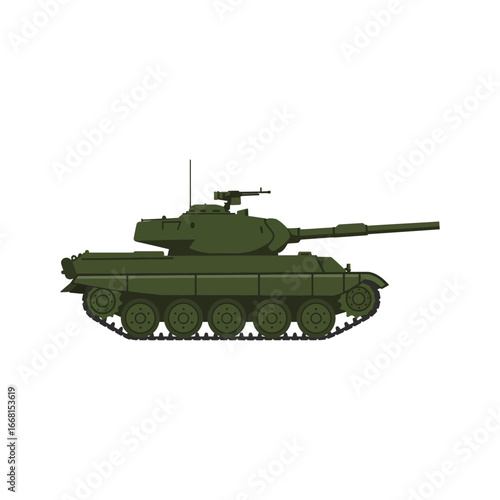 A green military tank with a long gun and tracks on a white background