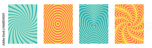 Groovy psychedelic vector artwork with distorted lines in a 60s and 70s hippie style. Funky daisy cover design for Y3K backdrops, yellow and orange flower motifs, and naive funny retro themes.