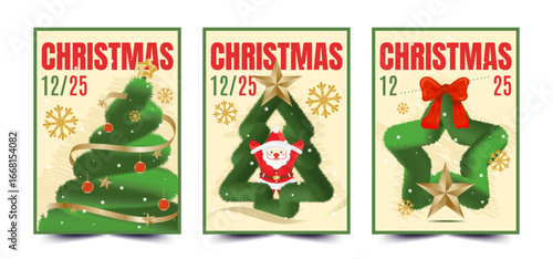 Set of cheerful Christmas poster designs featuring plush-style trees and star. For cozy seasonal greetings, festive prints, children’s holiday projects, and creative winter designs with a cuddly touch