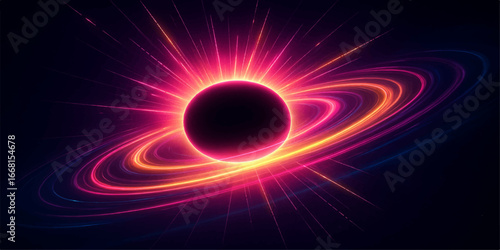 An abstract image of a glowing yellow sun and fiery orange flame with a black background and a red circle