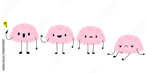 Happy tired depression brain cartoon character. Brain with low charge, depression, burnout, lack energy and power with high energy. Stock vector illustration isolated on white background.