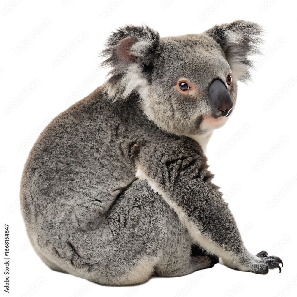 Naklejka premium A cute koala marsupial climbing a eucalyptus tree isolated on a transparent background png