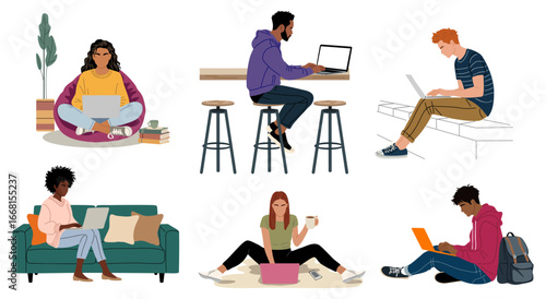 Set of diverse people working on laptops in casual settings. Modern remote work, freelancers, and students illustrated in minimalist, colorful style. Flat vector isolated on transparent background
