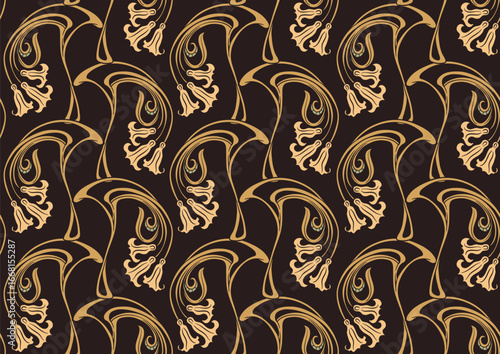 Decorative flowers and leaves in art nouveau style, vintage, old, retro style. Seamless pattern, background. Vector illustration. In art nouveau style, vintage, old, retro style.