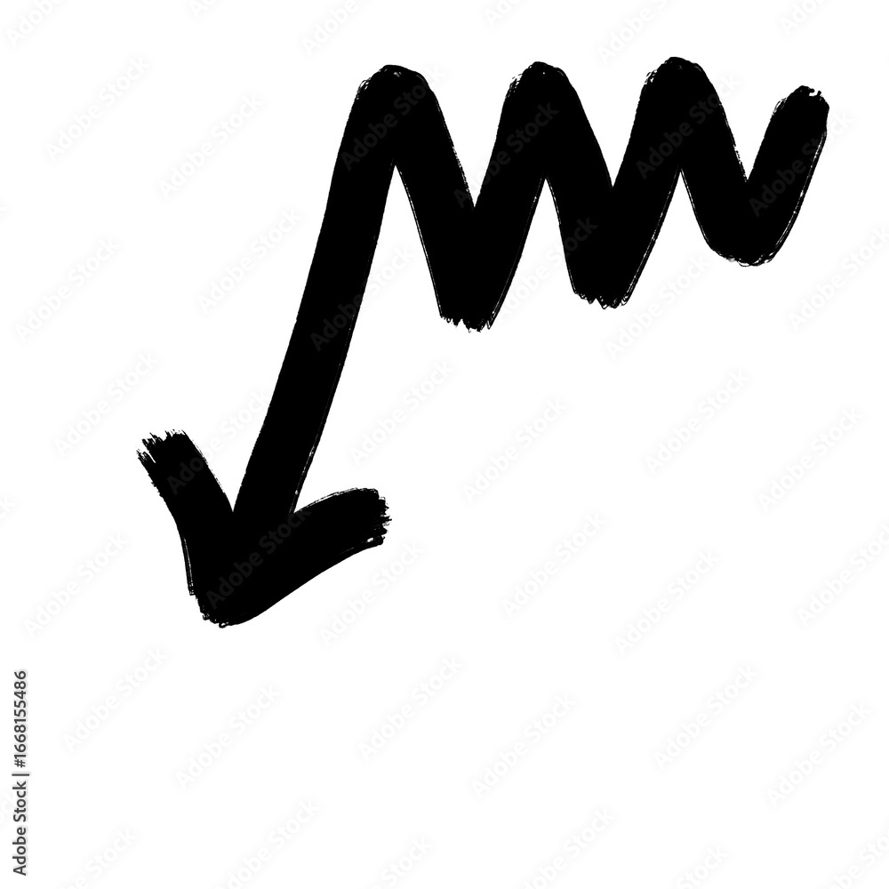 Obraz premium A rough, hand-drawn zigzag arrow pointing down and to the left is centered on a solid white background, with a bold, imperfect brushstroke texture.