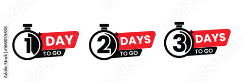 Countdown Timer Labels | 1 Day, 2 Days, 3 Days to Go Icons | Event Reminder Vector Set