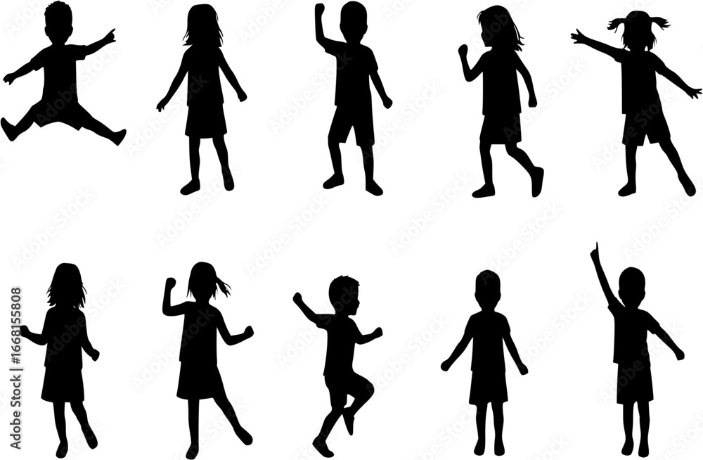 Fototapeta premium Children dancing silhouette. Male and female kid activity. Good use for symbol, logo, web icon, mascot, sign, sticker design, element, or any design you want. Easy to use