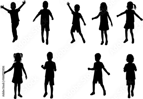 Children dancing silhouette. Male and female kid activity. Good use for symbol, logo, web icon, mascot, sign, sticker design, element, or any design you want. Easy to use