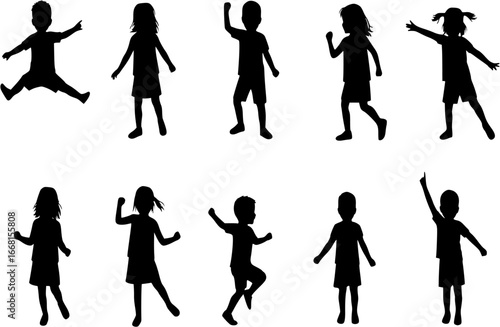Children dancing silhouette. Male and female kid activity. Good use for symbol, logo, web icon, mascot, sign, sticker design, element, or any design you want. Easy to use