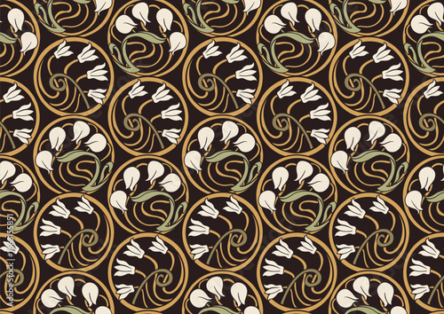 Decorative flowers and leaves in art nouveau style, vintage, old, retro style. Seamless pattern, background. Vector illustration. In art nouveau style, vintage, old, retro style.