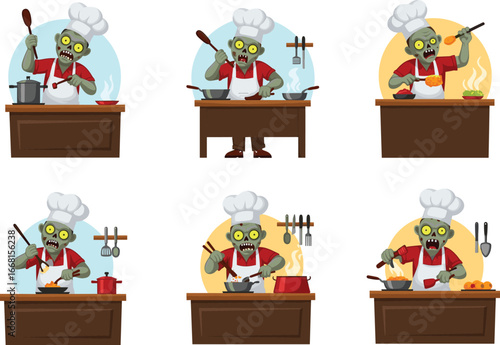 Cartoon zombie chef cooking with brains in a big pot, zombie apocalypse cooking concept, funny Halloween cartoon illustration

.