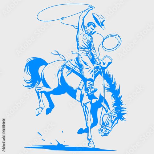 Western Cowgirl and Cowboy Design. Vintage Cowgirl on Horse Illustration. Rodeo spirit artwork with bold frontier style. Cowboy action on bronco. Bronco Buster Rodeo Cowboy Action Sketch.