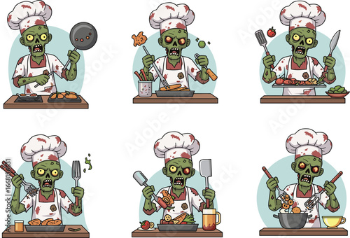 Cartoon zombie chef cooking with brains in a big pot, zombie apocalypse cooking concept, funny Halloween cartoon illustration

.