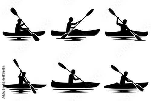 Kayaking silhouettes demonstrating various paddling techniques and motions 