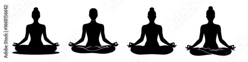 silhouette of figures meditating in lotus position, symbolizing inner peace and mindfulness