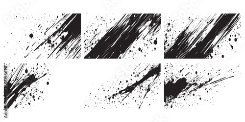 Dynamic black brush strokes and splatter abstract grunge texture over white background vector illustration