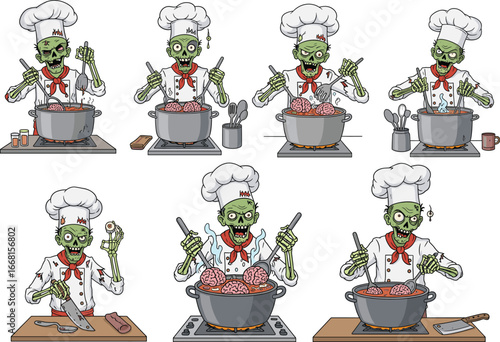 Cartoon zombie chef cooking with brains in a big pot, zombie apocalypse cooking concept, funny Halloween cartoon illustration

.