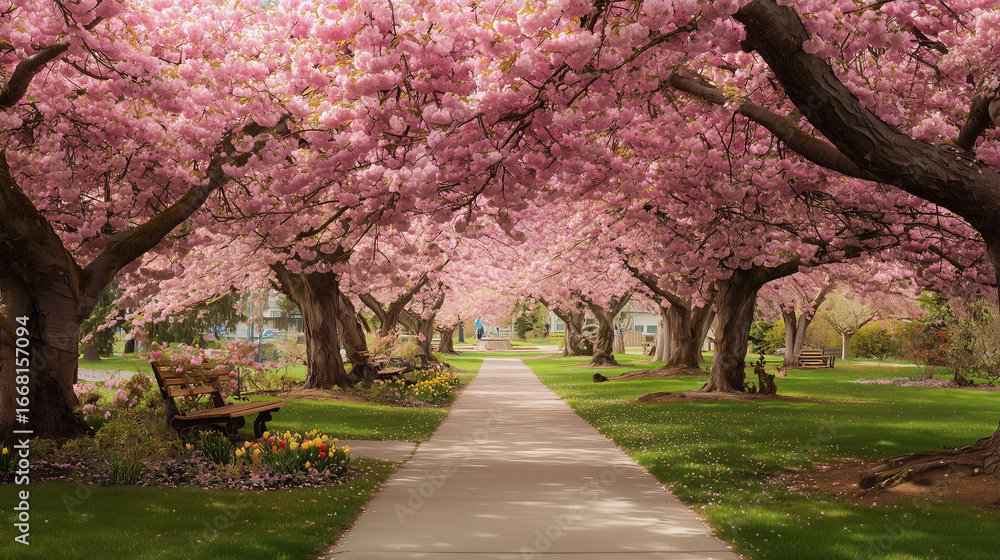 A serene pathway lined with cherry blossom trees in full bloom, their pink flowers forming a breathtaking canopy over the walkway, with benches and tulips adding charm to the peaceful scene. A serene pathway lined with cherry blossom trees in full bloom, their pink flowers forming a breathtaking canopy over the walkway, with benches and tulips adding charm to the peaceful scene.
