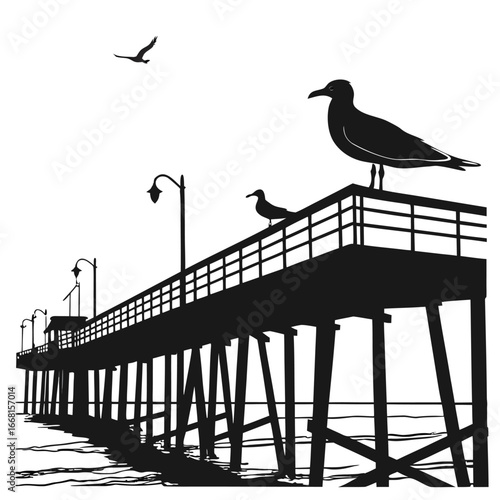 Gulls circling fishing pier silhouette