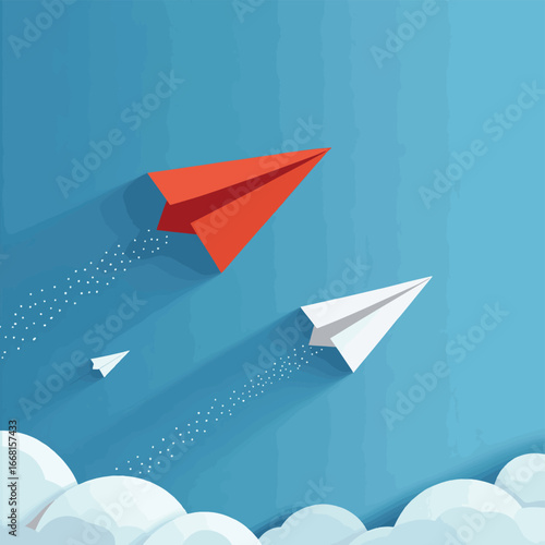 Business opposition concept. Red paper airplane flying in the opposite direction. Vector illustration