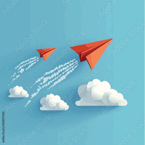 Business opposition concept. Red paper airplane flying in the opposite direction. Vector illustration