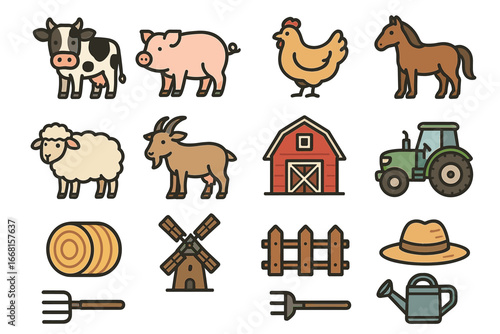 Cartoon farm animal set with barn, tractor, and tools