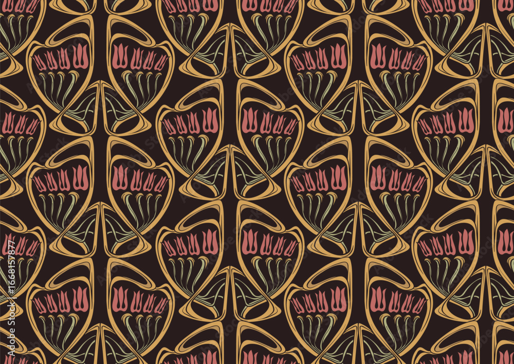 custom made wallpaper toronto digitalDecorative flowers and leaves in art nouveau style, vintage, old, retro style. Seamless pattern, background. Vector illustration. In art nouveau style, vintage, old, retro style.