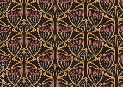 Decorative flowers and leaves in art nouveau style, vintage, old, retro style. Seamless pattern, background. Vector illustration. In art nouveau style, vintage, old, retro style.