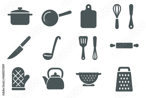 Collection of kitchen utensils icons including pot, pan, and grater