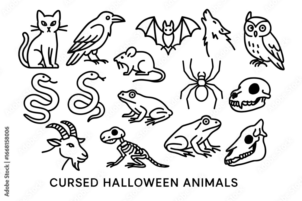 Fototapeta premium Cursed halloween animals: cats, bats, snakes, spiders, skulls in black outline