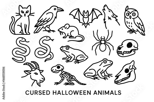 Cursed halloween animals: cats, bats, snakes, spiders, skulls in black outline