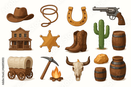 Wild west icons collection: cowboy hat, revolver, cactus, and more